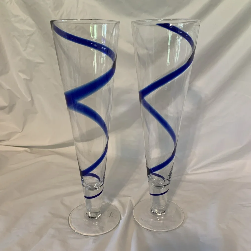 PIER 1 COBALT BLUE SWIRLINE PILSNER TALL BEER GLASS‎ SET OF 2